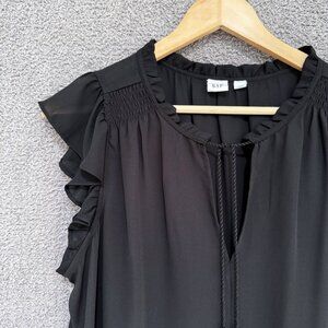 GAP Ruffle Sleeve Smock Shoulder split-neck black blouse Large